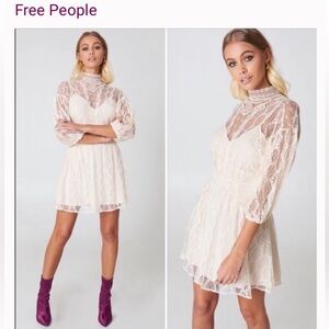 NWT Free People Bittersweet Lace Boho Highneck Ivory Mini Dress Size 12